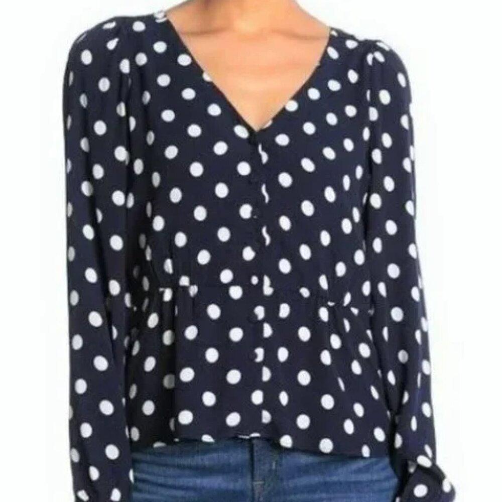 J. Crew Long-Sleeve Peplum Top in Crepe Polka Dot - Navy Size 2